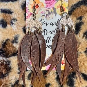 Elegant Brown Leather Feather Earrings